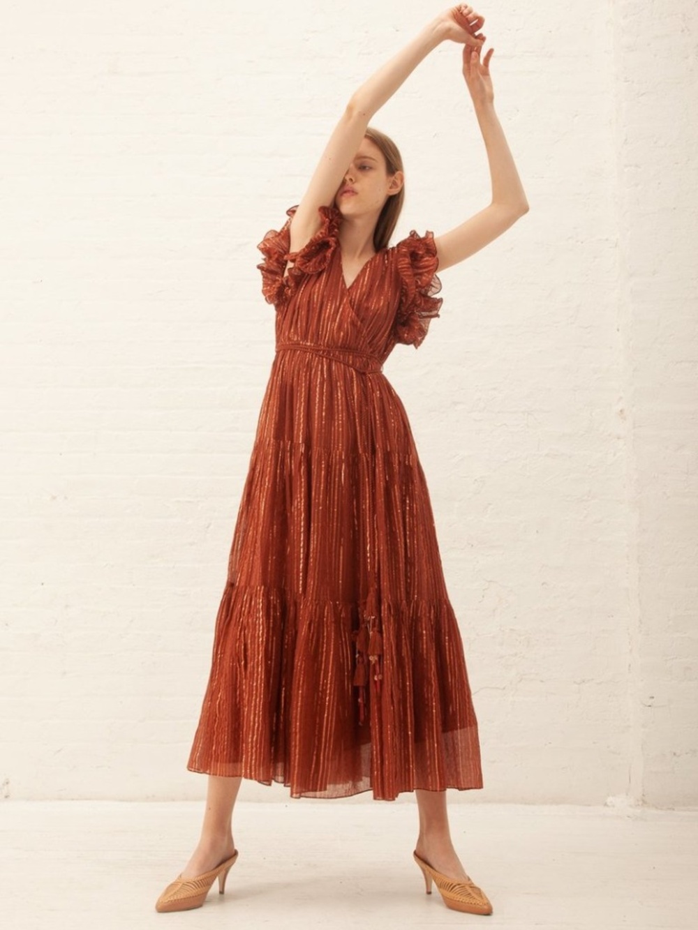 Ulla Johnson Lilliana Ruffle Metallic Gold Dress Size 2